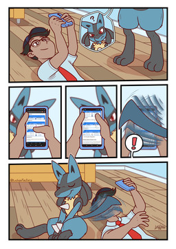 ambiguous_gender anthro attention_seeking cellphone clothed clothing duo electronics eyewear glasses humor inside lying_on_ground male on_ground phone smartphone smile spikes spikes_(anatomy) tail tail_motion tailwag text luchosfactory nintendo pokemon generation_4_pokemon human lucario mammal pokemon_(species) 2024 absurd_res artist_name comic english_text hi_res multiple_images signature