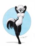 anthro biped black_body black_fur blue_eyes breasts female fur genitals hair looking_at_viewer nipples nude pink_nose pussy solo standing tail walking white_hair taral_wayne saara_(character) mammal mephitid skunk 1997 hi_res