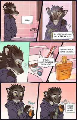 anthro bathroom bathroom_sink brown_eyes brush clothed clothed_anthro clothing container cup fur grey_body grey_fur head_tuft hoodie inner_monologue looking_at_mirror looking_at_object looking_at_reflection male mirror onomatopoeia oversized_clothing oversized_hoodie oversized_topwear pointy_ears prick_ears reflection sniffing snout solo sound_effects text text_box thinking toothbrush topwear tuft tusks yellow_sclera falco_works pen_(falco_works) cervine deer mammal tufted_deer 2026 comic digital_media_(artwork) english_text hi_res
