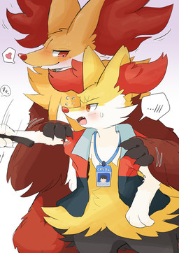 after_transformation ambiguous_gender anthro back_fur blush blush_lines bodily_fluids bottomless brown_eyes brown_paws clothed clothing duo fur heart_symbol id_card inner_ear_fluff jacket jacket_only lanyard male multicolored_body open_mouth red_eyes red_inner_ear_fluff red_nose smile speech_bubble standing sweat sweatdrop teaching teeth text topwear topwear_only tuft wand white_body white_fur white_paws yellow_body yellow_fur yakumomidori1 nintendo pokemon braixen canid canine delphox generation_6_pokemon mammal pokemon_(species) hi_res japanese_text translated