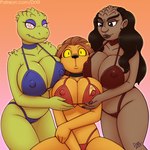 anthro big_breasts bikini breasts brown_hair cleavage clothed clothing collar collarbone female fur hair long_hair looking_at_viewer navel nipple_outline non-mammal_breasts not_furry simple_background smile swimwear two-piece_swimsuit yellow_eyes drxii star_trek star_trek_the_animated_series m'ress alien caitian felid gorn gorn_(species) humanoid klingon_(star_trek) mammal 1:1 digital_media_(artwork) hi_res