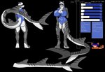 anthro back_boob big_breasts big_butt big_eyes big_tail blue_eyes blue_hair breasts butt clothing curvy_figure digitigrade ears_back feet female hair hourglass_figure huge_breasts huge_tail macro markings muscular nipple_outline one-piece_swimsuit orange_body pivoted_ears shark_fin shark_tail solo striped_body striped_markings striped_tail stripes swimwear tail tail_markings text thick_thighs toes white_hair wide_hips rojblue changed_(video_game) felid feline fish goo_creature hybrid mammal marine requiem_shark shark tiger_shark absurd_res alpha_channel cel_shading english_text hi_res model_sheet shaded mother_(lore) parent_(lore) son_(lore)