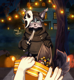 5_fingers anthro bag black_claws black_hair blue_eyes blue_hair building candy cheek_tuft claws clothed clothing costume decoration dessert detailed_background dialogue duo ear_tuft eye_through_hair eyebrow_through_hair eyebrows facial_tuft female female_focus fingers first_person_view fluffy fluffy_tail food fruit fur furgonomics gloves grass grey_body grey_fur grey_hair hair halloween_decoration handwear holding_knife holding_object holidays hoodie house inner_ear_fluff jack-o'-lantern knife looking_at_viewer mask multicolored_body multicolored_fur multicolored_hair night outside plant porch pumpkin scared shaking smile solo_focus speech_bubble tail text topwear translucent translucent_hair tree trembling trick-or-treating tuft white_body white_fur ruddi halloween scream_(films) aerie_(aeriee) ghostface_(scream) felid feline mammal 2025 artist_name digital_media_(artwork) english_text hi_res shaded signature