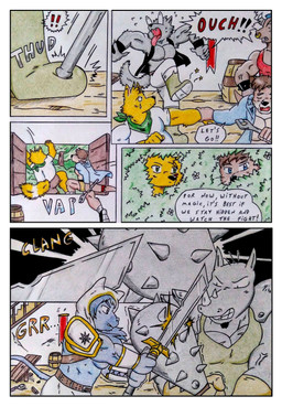 anthro armor bandits barazoku barrel battle biceps big_muscles black_clothing black_nose blue_clothing blue_eyes blue_topwear boots bottomwear brown_body brown_fur brown_hair clothed clothing comic_panel dialogue eyes_popping_out footwear forest forest_background fur green_eyes green_kerchief green_neckerchief grey_body grey_fur hair hiding hitting hitting_another holding_object holding_weapon horn humor jacket kerchief long_hair mace male manly medieval medieval_clothing medieval_fantasy melee_weapon musclegut muscular muscular_anthro muscular_male nature nature_background neckerchief neckwear open_clothing open_jacket open_mouth open_topwear ouch pain pecs plant running_away shoes speech_bubble spiked_mace staff sword tail tavern tavern_background text thud topwear tree weapon window yellow_body yellow_fur dashthefox blizzard_entertainment warcraft dashfox dominios kai_(dash_fox) bovid bovine canid canine canis cattle fox mammal mustelid otter rhinoceros tauren wolf absurd_res comic english_text hi_res traditional_media_(artwork)