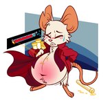 2022 anthro arllanaeats belly big_belly bodily_fluids button_(fastener) button_pop clothing digital_media_(artwork) eyes_closed female flat_colors fur hi_res holding_object inflation mammal mina_(mina_the_hollower) mina_the_hollower mouse murid murine notched_ear overweight overweight_anthro overweight_female rodent solo sweat vial wardrobe_malfunction white_body white_fur yacht_club_games