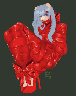 anthro arms_tied bdsm blue_hair bound bulge clothed clothing crossdressing femboy footwear fur gag gagged gift_bow gift_wrapped green_background hair high_heels legs_tied legs_together long_hair male male_anthro mummification mummified muzzle_(object) muzzled one_eye_closed red_clothing red_footwear red_high_heels shoes simple_background solo tan_body tan_fur text wink milkbearbunny gigi_(milkbearbunny) bear mammal english_text hi_res