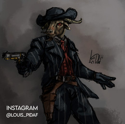 5_fingers anthro belt black_bottomwear black_clothing black_gloves black_handwear black_hat black_headwear black_jacket black_pants black_topwear bottomwear brown_belt brown_body brown_fur clothed clothing cowboy cowboy_hat facial_hair fingers front_view fully_clothed fur gloves goatee grey_background grey_bottomwear grey_clothing grey_jacket grey_pants grey_topwear gun handgun handwear hat headgear headwear holding_gun holding_handgun holding_object holding_ranged_weapon holding_revolver holding_weapon holster horizontal_pupils horn humanoid_hands jacket male mouth_closed multicolored_bottomwear multicolored_clothing multicolored_topwear necktie pants pattern_bottomwear pattern_clothing pattern_jacket pattern_pants pattern_topwear pupils ranged_weapon red_clothing red_eyes red_necktie red_topwear red_vest revolver simple_background snout solo standing striped_bottomwear striped_clothing striped_jacket striped_pants striped_topwear stripes suit text three-quarter_view topwear two_tone_bottomwear two_tone_clothing two_tone_jacket two_tone_pants two_tone_topwear vest weapon louis_pidaf bovid caprine domestic_goat goat mammal 2025 absurd_res artist_name cel_shading dated digital_drawing_(artwork) digital_media_(artwork) hi_res portrait shaded signature three-quarter_portrait