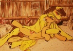 ahegao animal_genitalia animal_penis balls barn duo equine_genitalia equine_penis erection female feral genitals looking_pleasured lying male male/female nude on_side penis pleasured_female pleasured_male pussy watercolor_(artist) friendship_is_magic hasbro my_little_pony applejack_(mlp) caramel_(mlp) earth_pony equid equine horse mammal pony colored_pencil_(artwork) traditional_media_(artwork)