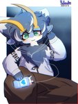 4_ears 4_fingers :3 antennae_(anatomy) anthro black_body black_fur black_hair blue_body bottomwear brown_bottomwear brown_clothing brown_pants cellphone clothing coat curly_hair electronics female fingers fluffy fur fur_tuft green_eyes hair headphones listening_to_music markings multi_ear pants parka phone short_hair simple_background sitting smartphone solo topwear tuft white_body white_clothing yellow_antennae !dodn erro_(!dodn) aquatic_gastropod gastropod marine mollusk sea_snail snail 3:4 absurd_res hi_res