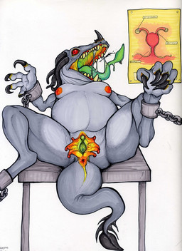 anatomy anus bdsm bodily_fluids bondage bound breasts claws digitigrade female genitals nipples red_eyes saliva slightly_chubby solo spread_legs spreading submissive submissive_female tail tongue tongue_out unusual_anatomy unusual_genitalia unusual_vulva vulva deervvitch oddbird alien monster unknown_species artist_collaboration hi_res