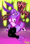 anthro armpit_tuft black_clothing black_legwear bone clothing facial_piercing female fur legwear nipple_tape nose_piercing nose_ring pasties pawpads piercing pink_body pink_eyes pink_fur pose purple_body purple_fur ring_piercing skull solo tape text lust_mutt lagomorph mammal hi_res pinup