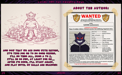 age_difference flies_for_smell foreskin genitals grin liquid male penis pubes size_difference smile text vein veiny_penis wanted_poster young young_male voidlesky nintendo pokemon lucas_(voidlesky) generation_1_pokemon gengar pokemon_(species) comic end_page english_text hi_res