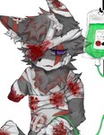 anthro bandage bandaged_chest bandaged_ear bandaged_eye bandaged_face bandaged_hand bandaged_leg bandaged_stump bandages_only blood blood_on_face bodily_fluids chest_tuft ear_tuft facial_tuft fangs front_view fur gore grey_body grey_fur hair highlights_(coloring) iv_bag iv_line looking_down male markings missing_arm open_mouth pointy_ears purple_eyes red_highlights sad simple_background slim solo sweat teeth tuft white_background worried young muyuu_zzz domestic_cat felid feline felis mammal chinese_description half-length_portrait hi_res portrait