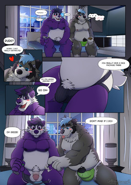 anthro balls bed belly blue_eyes blush bulge butt clothed clothing dialogue flaccid furniture genitals glans hair heart_symbol jockstrap jockstrap_only male male/male night nipples nude on_bed overweight overweight_male penis pubes purple_eyes sitting sitting_on_bed speech_bubble text topless underwear underwear_only maxboomer2 panfluff_(panfluff) bear canid canine canis giant_panda mammal wolf comic english_text hi_res