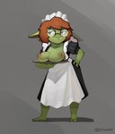 big_ears breast_rest breasts clothing eyewear feet female freckles glasses green_body hair maid_uniform nipples presenting presenting_breasts red_hair solo uniform stopych goblin humanoid absurd_res hi_res