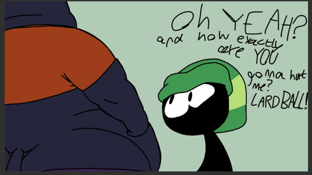 anthro beanie black_body blue_body blue_fur bottomwear butt_cleavage clothing dialogue duo exclamation_point female fur green_background green_beanie green_clothing green_hat green_headwear hat headgear headwear insult male morbidly_obese obese orange_clothing orange_shirt orange_topwear overweight pants purple_bottomwear purple_clothing purple_pants question_mark shirt simple_background talking_to_another taunting topwear y_shaped_butt_crack kasa_beanie night_in_the_woods kasabeanie_(kasa_beanie) mae_borowski domestic_cat felid feline felis mammal shadow_creature 2023