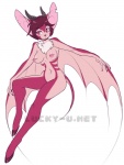 anthro big_breasts breasts female fur hair hooves horn membrane_(anatomy) membranous_wings nipple_piercing nipples piercing pink_body pink_eyes pink_fur pink_hair solo tail wings luckypan bliss_(character) antelope bat bovid hybrid mammal watermark