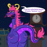 1:1 anthro anus belle_bottom_(minions) blurred_background breasts butt clock clock_tower despicable_me detailed_background dragon eastern_dragon english_text female genitals hand_on_butt hi_res illumination_entertainment looking_back minions_(movie) mythological_creature mythological_scalie mythology outside purple_body pussy scalie sharkinwaves solo spread_butt spreading text whiskers