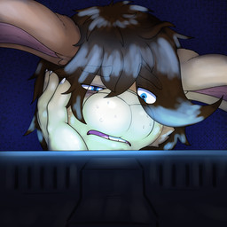 anthro blue_eyes brown_body brown_ears brown_fur brown_hair brown_nose brown_spots buckteeth computer electronics eyebrows front_view fur hair half-closed_eyes hand_on_face hand_on_own_face inside laptop long_ears looking_at_computer looking_at_laptop looking_at_object male markings mismatched_ears multicolored_body multicolored_fur narrowed_eyes raised_eyebrow solo spots spotted_body spotted_fur teeth tired_eyes tongue two_tone_body two_tone_fur dasherslash ben_(dasherslash) hare lagomorph leporid mammal rabbit 1:1 2025 absurd_res digital_media_(artwork) hi_res