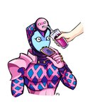 armor beverage drinking drinking_straw duo eating food holding_object male not_furry morppelganger jojo's_bizarre_adventure pop-tarts king_crimson_(jjba) human humanoid mammal stand_(jjba) colorful_theme