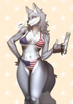 american_flag american_flag_bikini anthro bikini black_nose breasts chest_tuft clothing countershading female flag flag_bikini flag_clothing flag_print flag_swimwear fluffy fluffy_tail fur grey_body grey_fur gun hand_on_hip handgun holding_object inner_ear_fluff looking_at_viewer m1911 navel pistol print_bikini print_clothing print_swimwear ranged_weapon simple_background solo standing swimwear tail tuft two-piece_swimsuit united_states_of_america weapon yellow_eyes pgm300 cervina canid canine canis mammal wolf 2018 absurd_res digital_media_(artwork) hi_res shaded