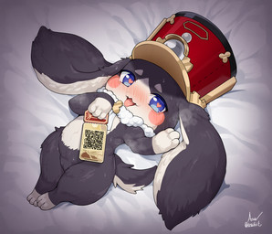 ambiguous_gender anthro bed bedding bedding_background big_ears black_body blue_eyes blush bodily_fluids clothing featureless_crotch feral furniture hat headgear headwear heart_eyes heart_symbol looking_at_viewer open_mouth qr_code shortstack solo sweat thick_thighs ticket tongue tongue_out young asa_ifrit honkai:_star_rail mihoyo pom-pom_(honkai:_star_rail) lagomorph leporid mammal rabbit 2023 digital_media_(artwork) hi_res