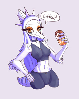 after_exercise anthro beverage beverage_can black_bottomwear black_clothing black_crop_top black_pants black_shirt black_topwear blue_body bodily_fluids bone bone_frill bottomwear breasts clothing collar crop_top dialogue elbow_feathers feathered_wings feathers female fingers frill_(anatomy) front_view grey_background grey_body grey_hair hair half-closed_eyes hand_on_hip holding_beverage holding_object humanoid_hands jewelry long_hair looking_at_viewer markings medium_breasts midriff narrowed_eyes navel necklace neutral_expression nipple_outline non-mammal_breasts non-mammal_navel pants pose shirt simple_background skull small_waist solo spiked_collar spikes striped_markings stripes sweat sweatdrop sweaty_body talking_to_viewer text topwear wings alexsavenije goodbye_volcano_high ko_op_(game_developer) fang_(gvh) prehistoric_species pterosaur reptile scalie colored english_text half-length_portrait hi_res portrait shaded