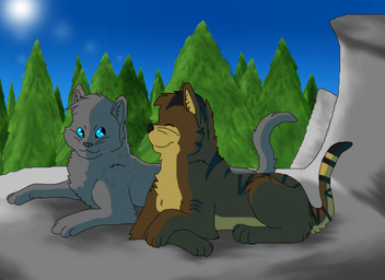 ambiguous_gender black_body black_fur black_nose blue_eyes blue_sky brown_body brown_fur day detailed_background digitigrade duo eyes_closed feral fur grey_body grey_fur grey_inner_ear_fluff grey_nose inner_ear_fluff lying outside paws plant raised_tail rock sky smile sun tail tan_body tan_fur tan_inner_ear_fluff toony tree tuft whiskers sebdoggo warriors_(book_series) ashfur_(thunderclan) brambleclaw_(warriors) domestic_cat felid feline felis mammal tabby_cat 2009 adobe_photoshop_(artwork) cel_shading digital_drawing_(artwork) digital_media_(artwork) shaded male_(lore)