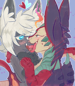 blue_eyes blush french_kissing heart_eyes heart_pupils heart_symbol kissing kissing_with_tongue licking_tongue making_out tongue_wrap bunzillaking league_of_legends mythology riot_games tencent cloud_(breakingcloud) smolder_(lol) dragon mythological_creature mythological_scalie scalie zonai hi_res