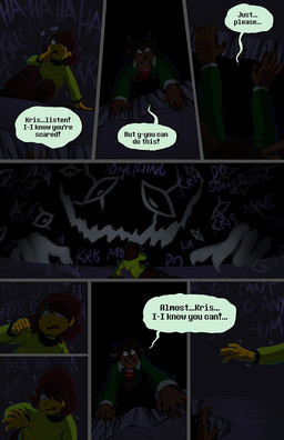 5_fingers adolescent anthro black_background brown_hair clothing dark_hair darkness dialogue duo female fingers hair hanging_by_arms jacket male nervous nervous_smile on_ground reaching_out reaching_towards_another scared shaking shirt simple_background smile speech_bubble sweater talking_to_another text topwear trembling young lynxgriffin deltarune undertale_(series) dess_holiday kris_dreemurr deer human mammal new_world_deer reindeer shadow_creature comic english_text hi_res