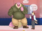 anthro bottomwear brown_body clothing duo eyes_closed genitals hoodie humanoid_hands kemono male overweight overweight_male pants penis pink_body shirt text topwear g_atmosphere canid canine canis crocodile crocodilian domestic_dog mammal reptile scalie 2021 hi_res japanese_text