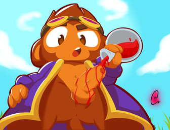 anus balls brown_body brown_fur clothing cloud foreskin fur genitals grass humanoid_genitalia humanoid_penis male navel open_mouth penis plant potion purple_clothing solo tail kakau221 bloons_tower_defense ninja_kiwi alchemist_(bloons) hi_res