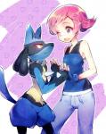 anthro blue_body blue_fur clothed clothing duo female fur gym_leader hair one_eye_closed open_mouth open_smile pink_hair red_eyes semi-anthro smile spikes tail yellow_body yellow_fur xxbufsiz nintendo pokemon maylene_(pokemon) generation_4_pokemon human lucario mammal pokemon_(species)