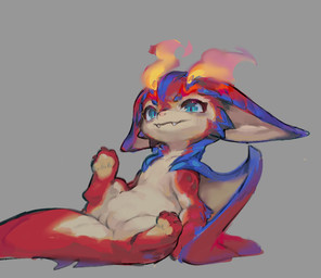 ambiguous_gender animal_genitalia blue_body blue_eyes blue_highlights blue_scales circle_eyebrows cloaca cute_fangs ears_down eyebrows fangs feet feral fire flaming_horn genitals highlights_(coloring) hindpaw lying membrane_(anatomy) membranous_wings multicolored_body on_back pawpads paws pivoted_ears red_body red_scales scales semi-anthro simple_background sitting solo spikes tail tan_body tan_scales teeth vertical_cloaca wings young young_ambiguous young_feral ramssa league_of_legends mythology riot_games tencent smolder_(lol) dragon mythological_creature mythological_scalie scalie male_(lore)