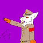 1:1 4_fingers anthro armband biped claws clothed clothing cookiekangaroo fangs fench fingers fully_clothed fur half-length_portrait hi_res hybrid jacket male medal nazi nazi_salute orange_body orange_fur peaked_cap portrait pupils purple_background red_eyes sabertooth_(anatomy) side_view simple_background slit_pupils solo standing teeth topwear uniform whiskers white_body white_fur yellow_sclera