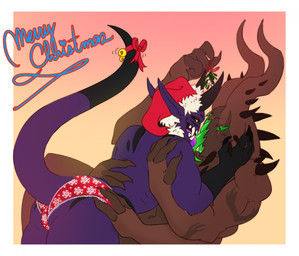 brown_body christmas_clothing christmas_headwear claws clothing duo gradient_background green_eyes hat headgear headwear holidays horn lingerie looking_at_another male male/male mistletoe plant purple_body santa_hat simple_background tail yellow_eyes conop-8888 christmas razar_(ilovdota2) demon humanoid 2018
