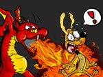 angry anthro breath_powers burning butt_on_fire duo elemental_manipulation exclamation_point fire fire_breathing fire_manipulation male open_mouth pain speech_bubble tail tail_on_fire daztoons mythology canid canine canis domestic_dog dragon mammal mythological_creature mythological_scalie scalie 4:3