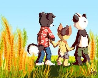 anthro barefoot black_body black_fur black_nose blue_bottomwear blue_clothing blue_pants blue_sky bottomwear brown_hair clothed clothing faceless_character faceless_male feet fur grass green_bottomwear green_clothing green_shorts grey_bottomwear grey_clothing grey_shorts group hair hand_holding logo male mouth_closed outside pants pawpads pink_pawpads plant rear_view red_clothing red_topwear short_hair shorts sky standing topless topwear trio white_body white_fur yellow_body yellow_fur young young_anthro young_male pandapaco parinton roni_(imroni) bear border_collie canid canine canis collie domestic_dog giant_panda herding_dog mammal pastoral_dog sheepdog artist_logo signature