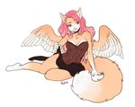 3_toes 5_fingers anthro barefoot breasts clothed clothing corset corset_dress feathered_wings feathers feet female fingers fur hair lingerie paws plantigrade simple_background sitting solo toes topwear wings kaitycuddle hybrid digital_media_(artwork) signature