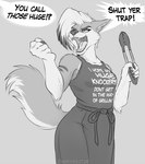 anthro apron arm_tuft breasts cheek_tuft clothing dialogue elbow_tuft facial_tuft female female_anthro fist gloves_(marking) grey_background hair highlights_(coloring) holding_object holding_tongs holding_tool markings offscreen_character open_mouth question raised_arms rhetorical_question sharp_teeth shirt short_hair simple_background solo speech_bubble standing suggestive_clothing suggestive_shirt talking_to_another tank_top teeth text text_on_clothing text_on_shirt text_on_tank_top text_on_topwear tongs tongue tools topwear tuft yelling energyvector i_hope_my_huge_knockers_don't_get_in_the_way_(meme) tessa_bluemane canid canine canis mammal wolf artist_name english_text greyscale monochrome portrait sketch three-quarter_portrait