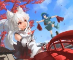 armwear backpack bag black_hair blue_eyes blue_hair bottomwear bridge camera clothed clothing cloud detached_sleeves female fully_clothed group hair hair_bobbles hat headgear headwear open_mouth outside pigtails red_eyes short_hair skirt sky tokin_hat white_hair wolf_tail rikkido touhou aya_shameimaru momiji_inubashiri nitori_kawashiro animal_humanoid canid canid_humanoid canine canine_humanoid canis human humanoid mammal mammal_humanoid wolf wolf_humanoid