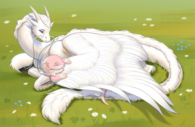 ambiguous_gender cuddling duo feral fur grass horn mane plant purple_eyes purple_sclera tail tail_tuft tapering_tail tuft white_body white_fur white_horn white_mane gorchitsa_(artist) mythology gorchitsa dragon furred_dragon furred_scalie mammal mythological_creature mythological_scalie rodent scalie absurd_res hi_res female_(lore)