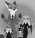 anthro clothed clothing female fur group male parody snapping_fingers tail young young_anthro skelly_doll disney the_addams_family zootopia cooper_(zootopia) fan_character gomez_addams judy_hopps morticia_addams nick_wilde pugsley_addams violet_(zootopia) wednesday_addams canid canine fox hybrid lagomorph leporid mammal procyonid rabbit raccoon red_fox true_fox 2017 crossover greyscale hi_res monochrome