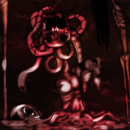 ambiguous_gender amputee blood bodily_fluids body_horror bone disability emaciated gore grotesque horror_(theme) long_neck missing_arm mutation nightmare_fuel not_furry skull teeth yellowcottoncandy030 fluffy_pony ambiguous_species 1:1 2025 digital_media_(artwork) hi_res red_theme