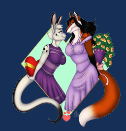 anthro black_hair black_nose blue_eyes bow_ribbon clothing countershade_face countershade_fur countershade_torso countershading dipstick_tail dress duo eye_contact eyebrows eyelashes female female/female fur grey_hair hair half-closed_eyes heart_symbol holding_object inner_ear_fluff looking_at_another markings narrowed_eyes pink_nose purple_clothing purple_dress purple_eyes reverse-countershade_tail romantic romantic_couple simple_background standing tail tail_markings tuft year starvinartmajor canid canine fox hybrid lagomorph leporid mammal rabbit 2022 absurd_res alpha_channel hi_res signature