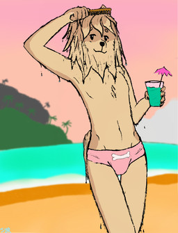anthro beach brown_body brown_fur brush brushing brushing_hair bulge chest_tuft clothing comb container cup dripping_wet droplets fur hair male palm_tree personal_grooming pink_clothing pink_swimwear plant solo standing styling_hair swimwear tan_body tan_fur tree tuft umbrella_drink styxyesrenegade grand_theft_auto_vi gta_vi_cover_girl fetch_(fortnite) canid canine canis domestic_dog mammal pomeranian spitz 2026 colored digital_drawing_(artwork) digital_media_(artwork) hi_res signature sketch