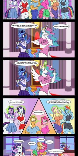 anthro binoculars breast_fondling breast_play breasts clothing dialogue electronics female female/female fondling group hand_on_breast headphones horn kiss_on_lips kissing magic muscular muscular_female nipple_outline rainbow text wings atariboy atariboy2600 friendship_is_magic game_boy game_boy_family hasbro my_little_pony mythology nintendo walkman applejack_(mlp) fluttershy_(mlp) pinkie_pie_(mlp) princess_celestia_(mlp) princess_luna_(mlp) rainbow_dash_(mlp) rarity_(mlp) s1_luna_(mlp) spike_(mlp) twilight_sparkle_(mlp) dragon earth_pony equid equine horse mammal mythological_creature mythological_equine mythological_scalie pegasus pony scalie unicorn winged_unicorn absurd_res comic english_text hi_res