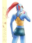 back_muscles beverage blue_body blue_skin bottomwear butt clothing denim denim_bottomwear denim_clothing denim_shorts ear_frill eyewear female frill_(anatomy) hair midriff rear_view red_hair shorts solo sunglasses micchan_sense undertale_(series) undyne animal_humanoid fish fish_humanoid humanoid marine marine_humanoid 2023 hi_res