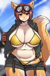 2:3 absurd_res anthro big_breasts bikini bikini_bottom bikini_top blue_eyes blue_sky blush bottomwear bra breasts brown_hair canid canine cleavage clothed clothing curvy_figure eyebrow_through_hair eyebrows eyewear eyewear_on_head female fox gloves goggles goggles_on_head gold_bikini hair hana_(keep0621) handwear hi_res huge_breasts inner_ear_fluff jacket kemono looking_at_viewer mammal military_jacket multicolored_body pilot_jacket se7ena shorts sky slightly_chubby solo standing swimwear tail thick_eyebrows thick_thighs topwear translucent translucent_hair tuft two_tone_body underwear voluptuous white_body wide_hips yellow_body