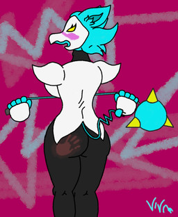 angry anthro blush body_blush breasts butt_blush butt_slap female machine rear_view shocked slap slap_mark slapping_own_butt slapping_self spank_marks three-quarter_view wide_hips vivipossum deltarune undertale_(series) tasque_manager darkner felid feline mammal robot hi_res